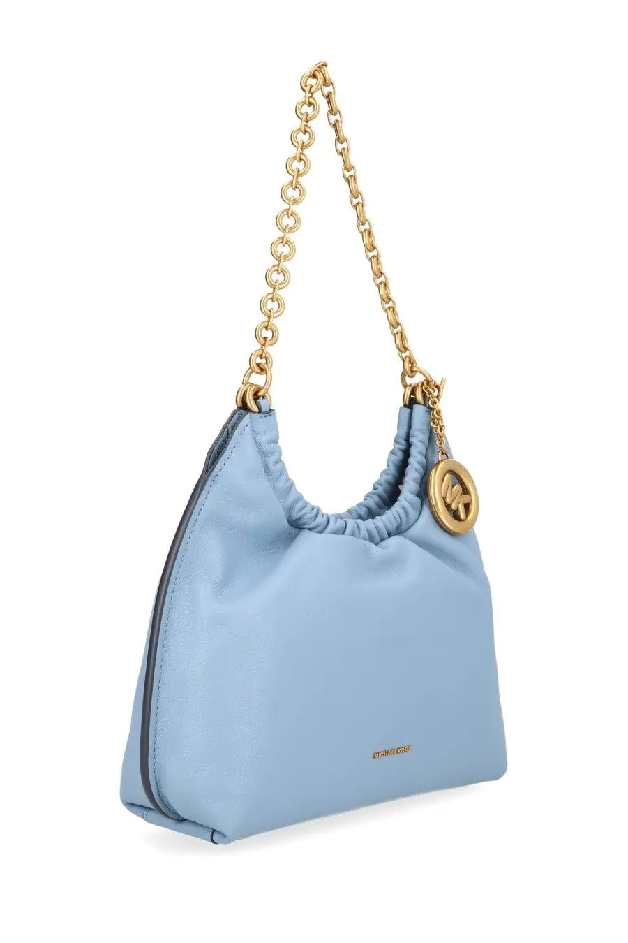 Light blue michael kors women’s medium indye hobo bag with gold-tone chain strap and circular logo charm
