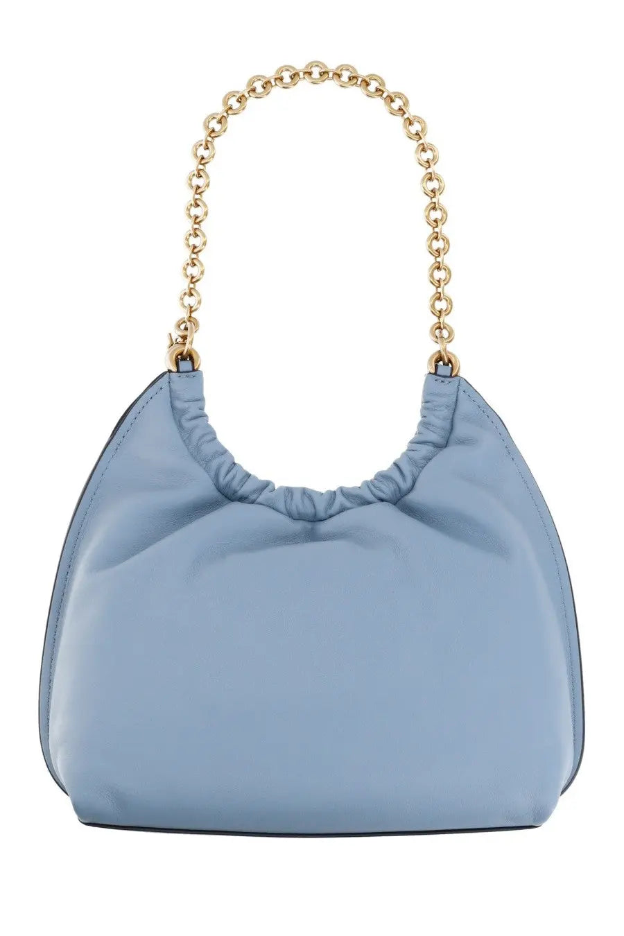 Michael Kors women’s medium indie bag in light blue satin with gold-tone chain strap and gathered top design