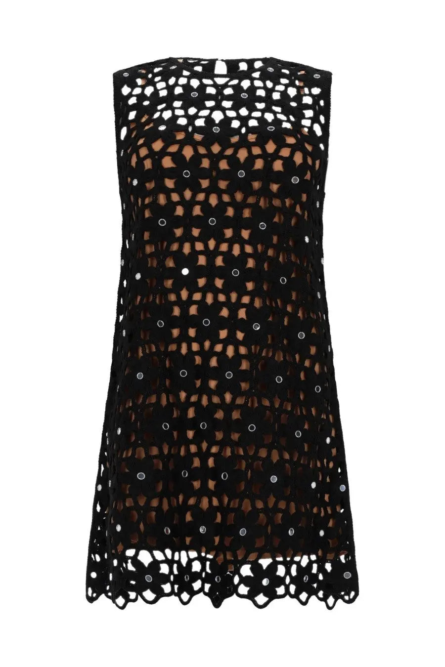 Michael Kors women’s black mini abito in crochet sleeveless lace dress with floral cutouts and silver sequins