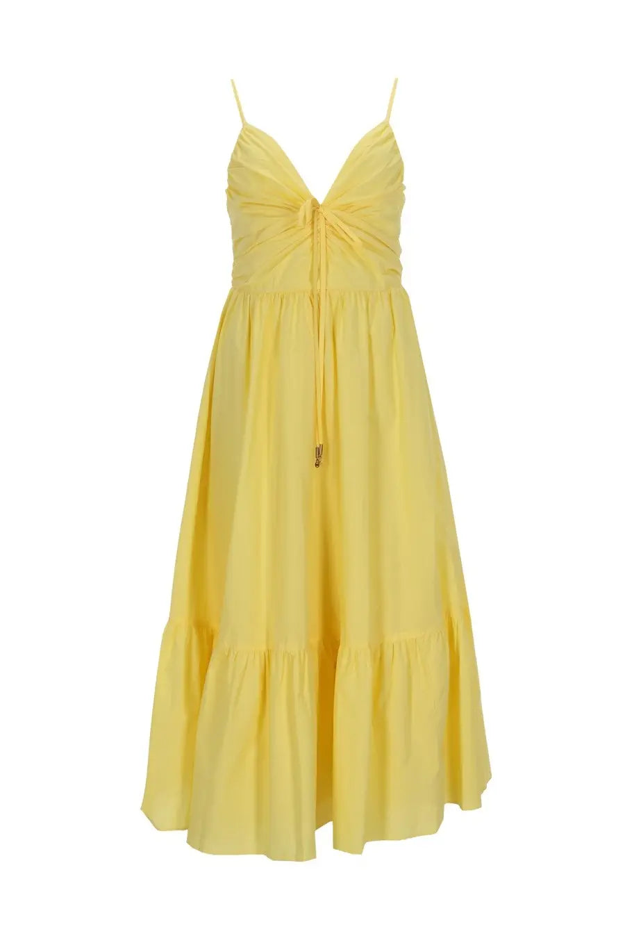 Michael Kors women’s neck midi dress yellow with ruched bodice, thin spaghetti straps, and tiered skirt detailing