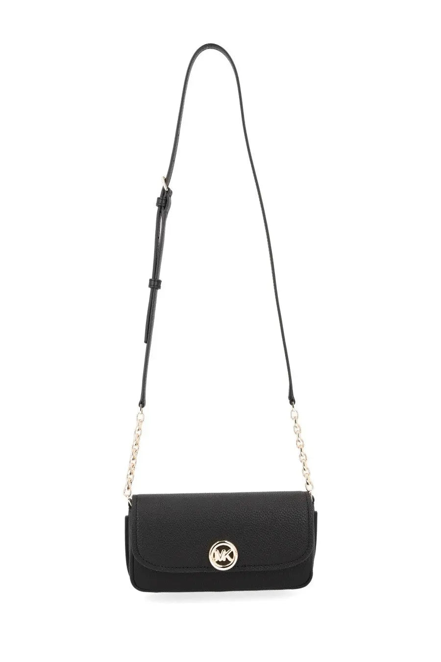 Michael Kors women’s Nolita black crossbody bag in textured leather with silver-tone mk logo clasp and chain strap