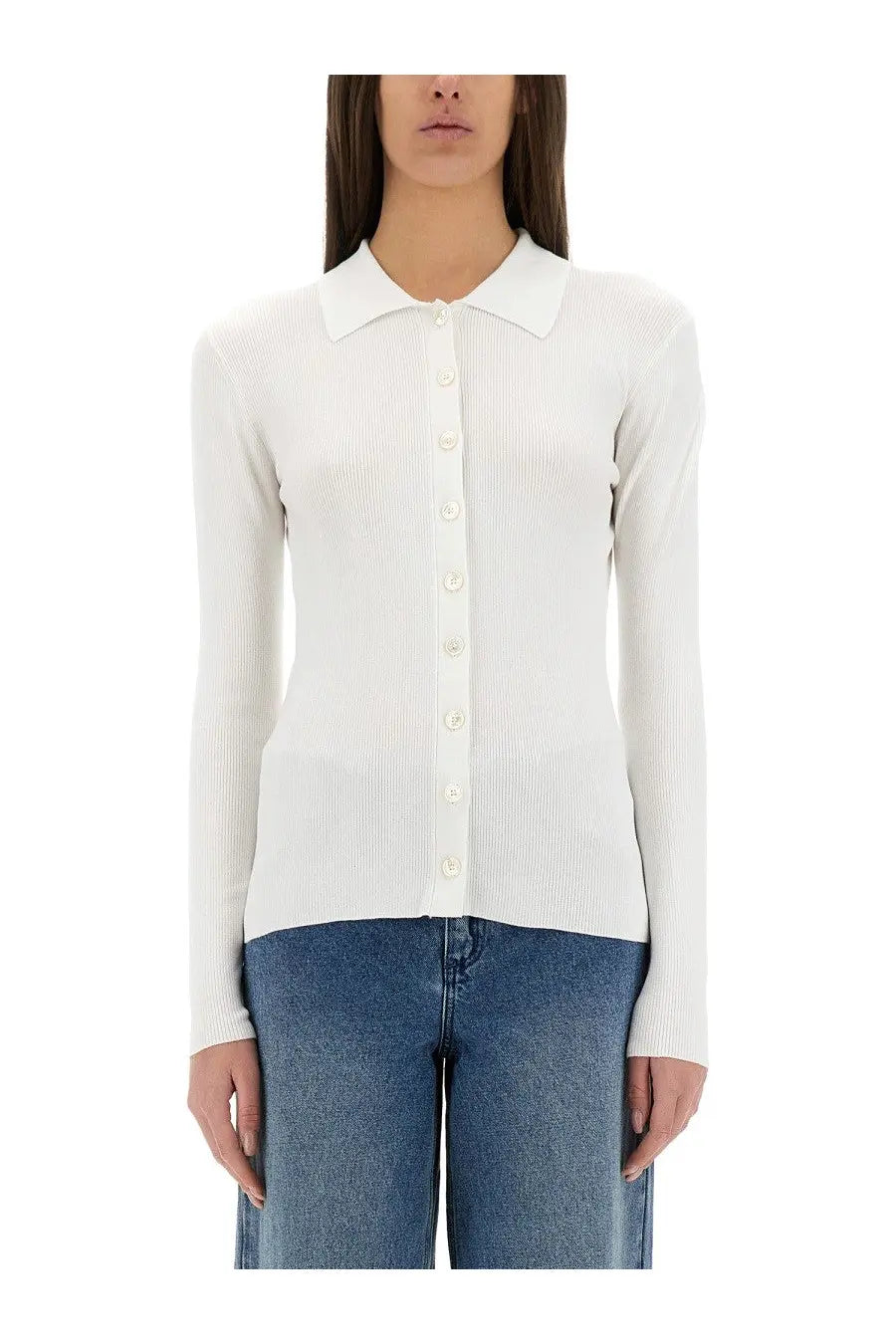 Michael Kors women’s white ribbed knit cardigan with classic collar and matching buttons in a soft fabric