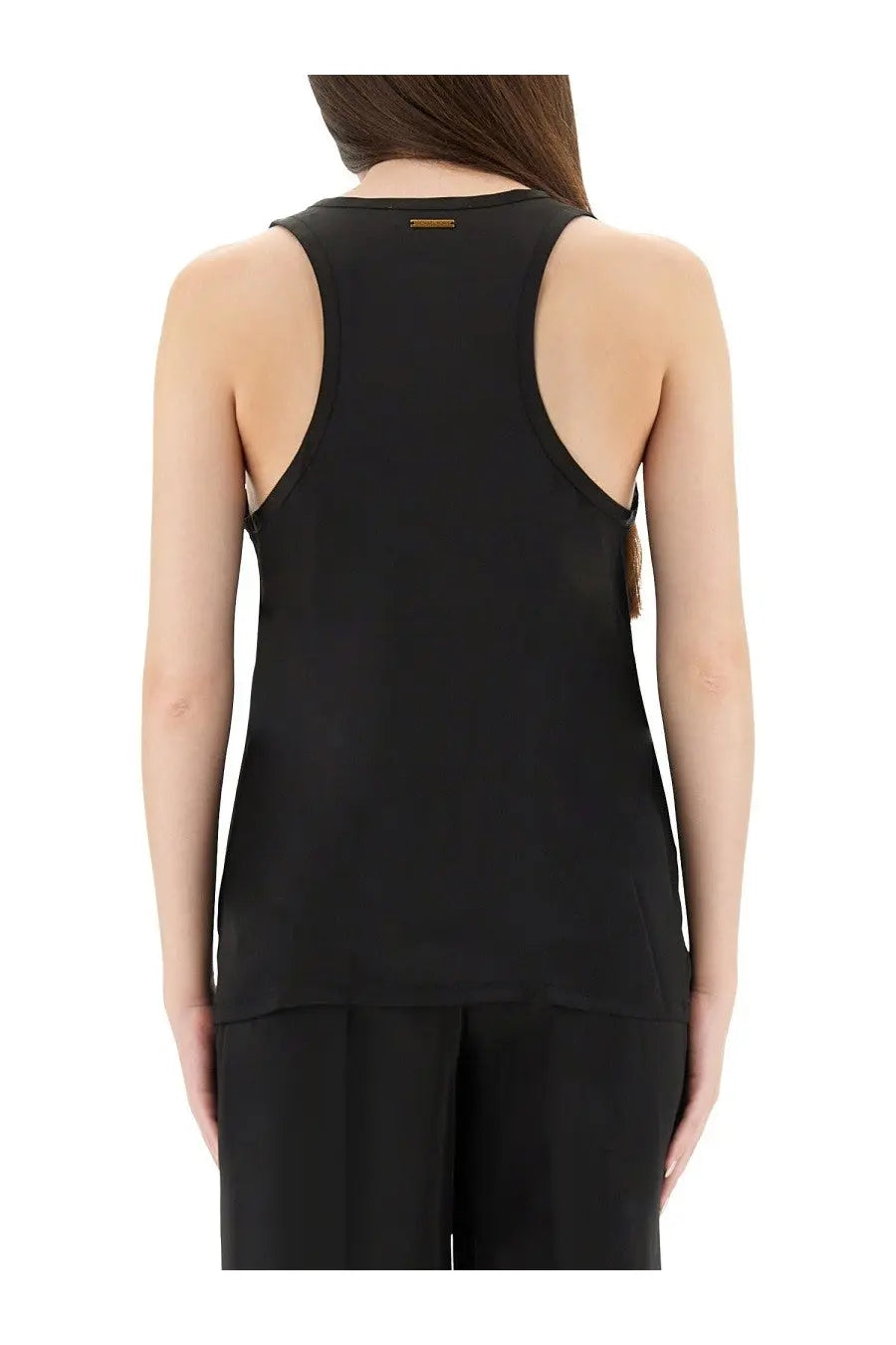Michael Kors women’s black racerback tank top with sleek minimalist design and subtle gold branding at neckline