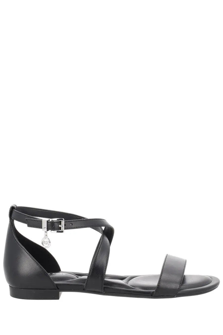 Michael Kors women’s black leather strappy sandal with silver buckle and dangling charm