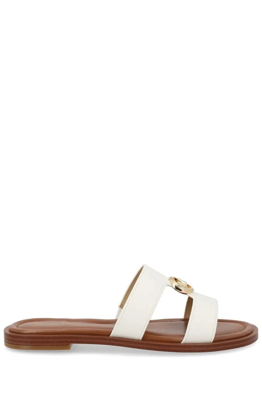Michael Kors women’s white leather slide sandal with gold-tone circular buckle and brown rubber sole