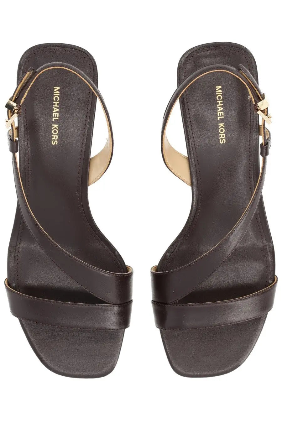 Michael Kors women’s brown leather sandals with gold-tone hardware and cross-strap design for stylish wear