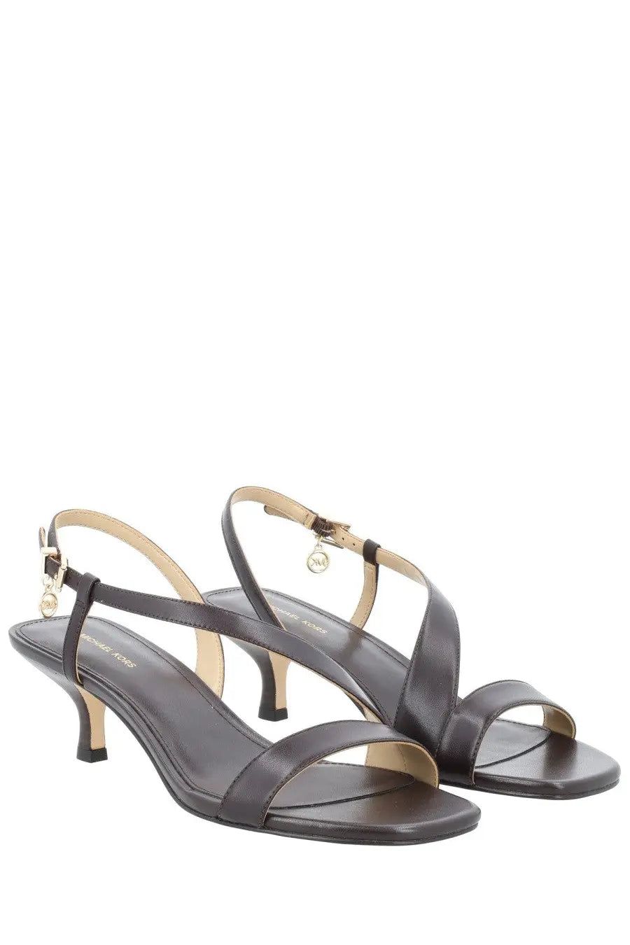 Michael Kors women’s brown leather sandals with low heel thin straps and gold-tone hardware accents