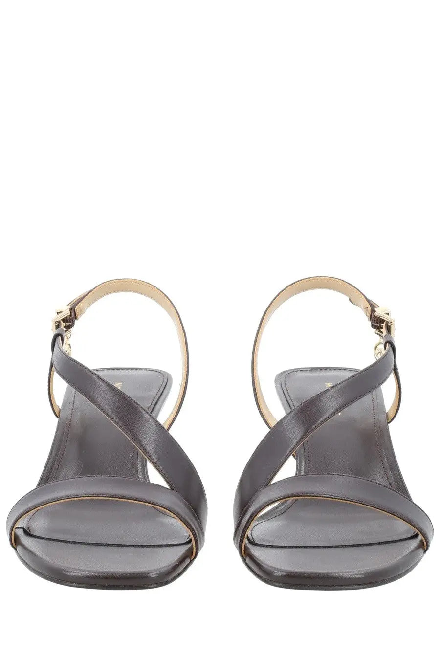 Michael Kors women’s Sandalo Jaida con tacco brown dark gray leather sandals with minimalist design and gold hardware accents