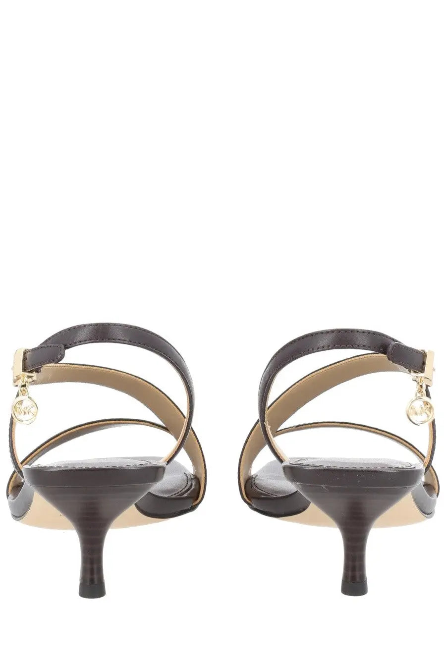 Michael kors women’s sandalo jaida con tacco brown dark brown leather sandals with gold-tone hardware and logo charm
