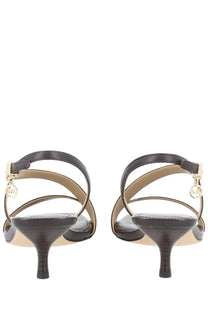 Michael kors women’s sandalo jaida con tacco brown dark brown leather sandals with gold-tone hardware and logo charm
