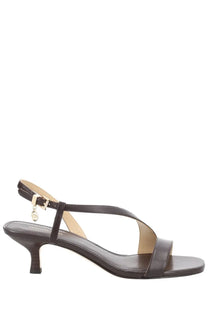 Dark brown leather Michael Kors women’s sandal with slender heel and ankle strap from Sandalo Jaida collection