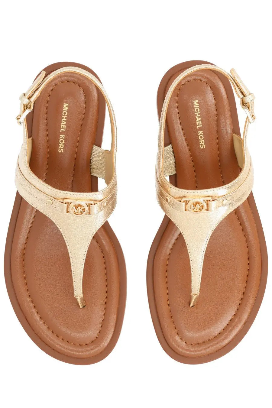 Michael Kors women’s Sandalo Mandy gold leather thong sandals with gold-tone metallic finish and adjustable ankle strap