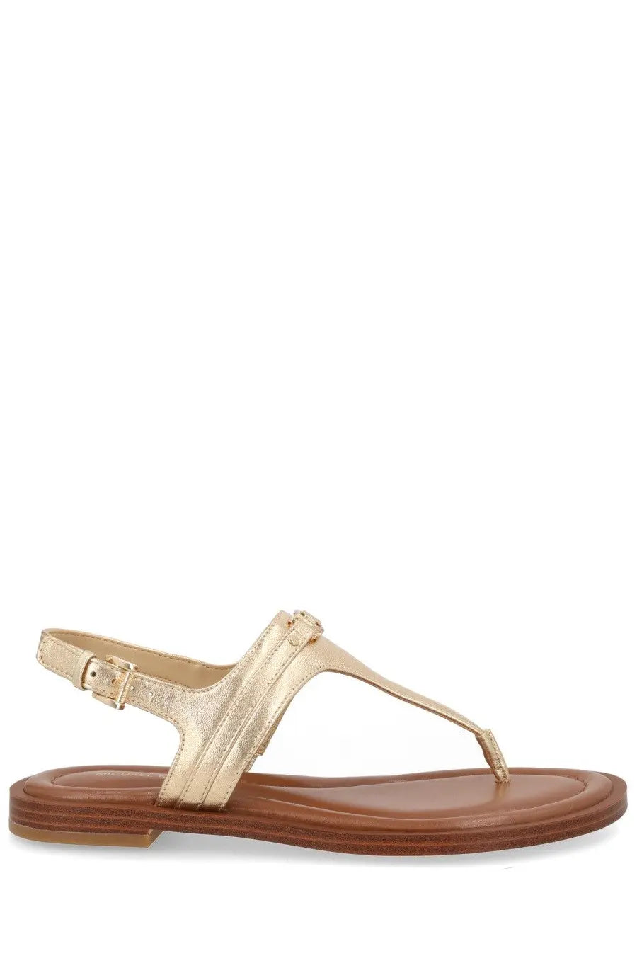 Gold-toned leather thong sandal with brown rubber sole and adjustable ankle strap michael kors women’s sandalo mandy gold
