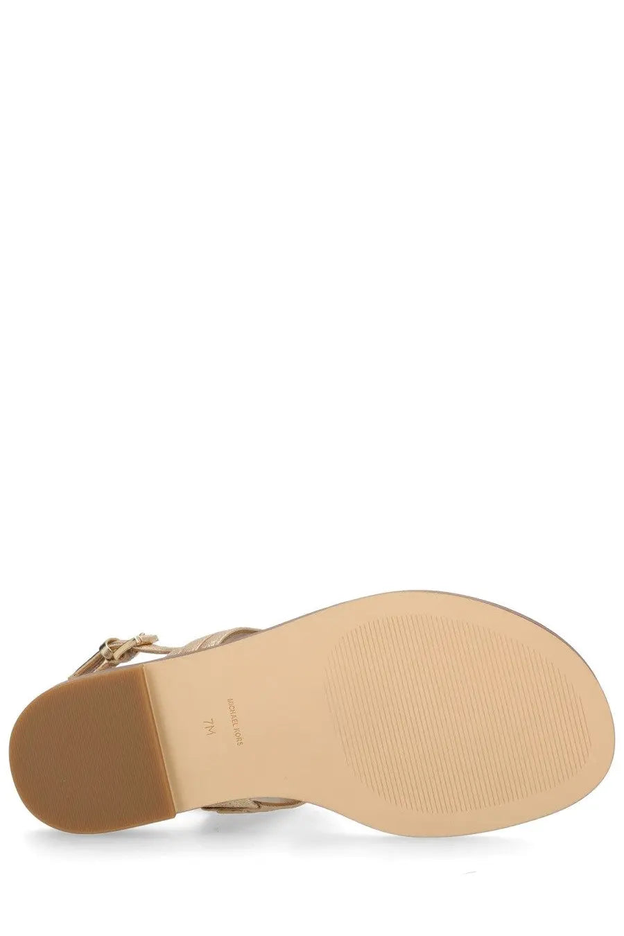 Michael Kors women’s Sandalo Mandy gold strappy sandal with flat heel and textured sole in gold tone