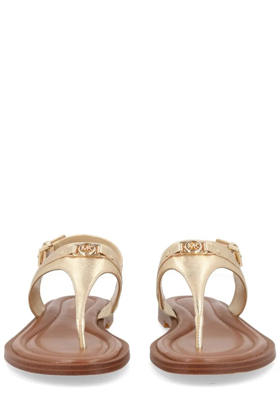 Gold-toned michael kors women’s sandalo mandy thong sandals with metallic finish and brown rubber soles