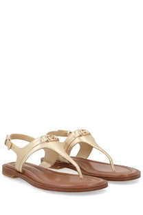 Gold-toned michael kors women’s sandalo mandy thong sandals with metallic logo accent and brown leather sole