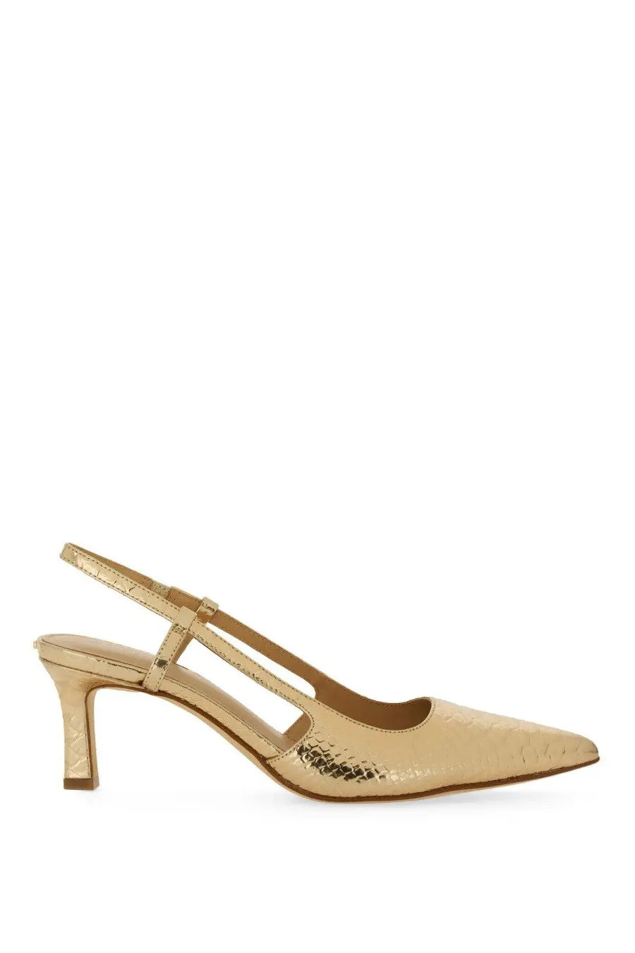 Michael Kors women’s gold-toned snakeskin-patterned slingback pump with medium heel in front view
