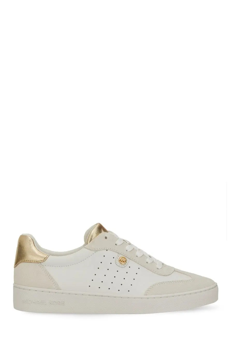 Michael Kors women’s white leather sneaker Scotty yellow with gold-tone accents and perforated detailing