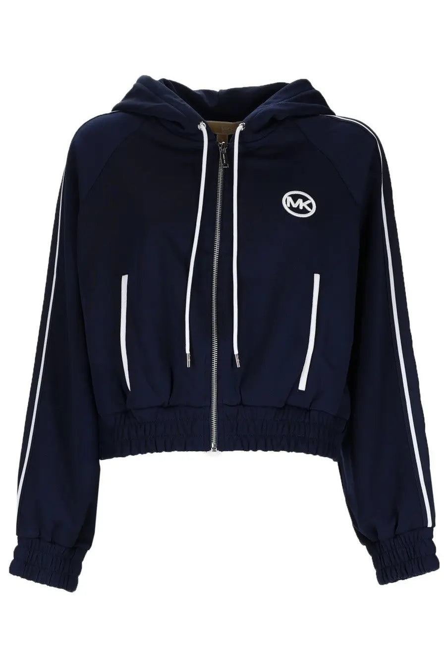 Navy blue michael kors women’s sports top with zip-up front, white side stripes, and front logo patch