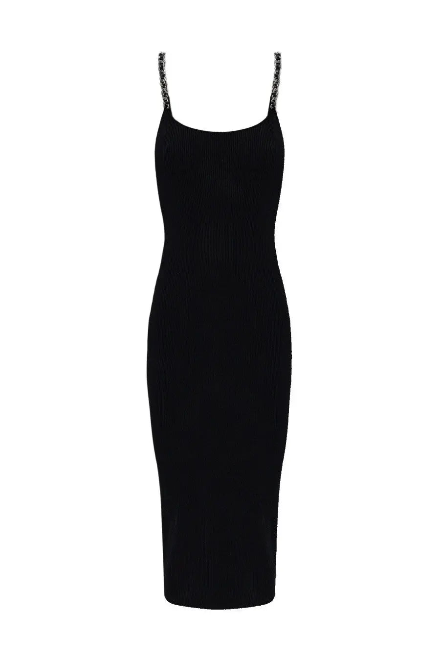 Michael Kors women’s black stretch knit ribbed spaghetti strap dress with embellished shoulder straps