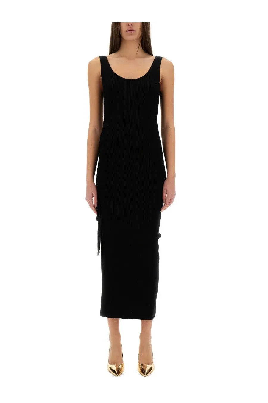 Michael Kors women’s black sleeveless midi camisole dress with stretch wool blend and side slit