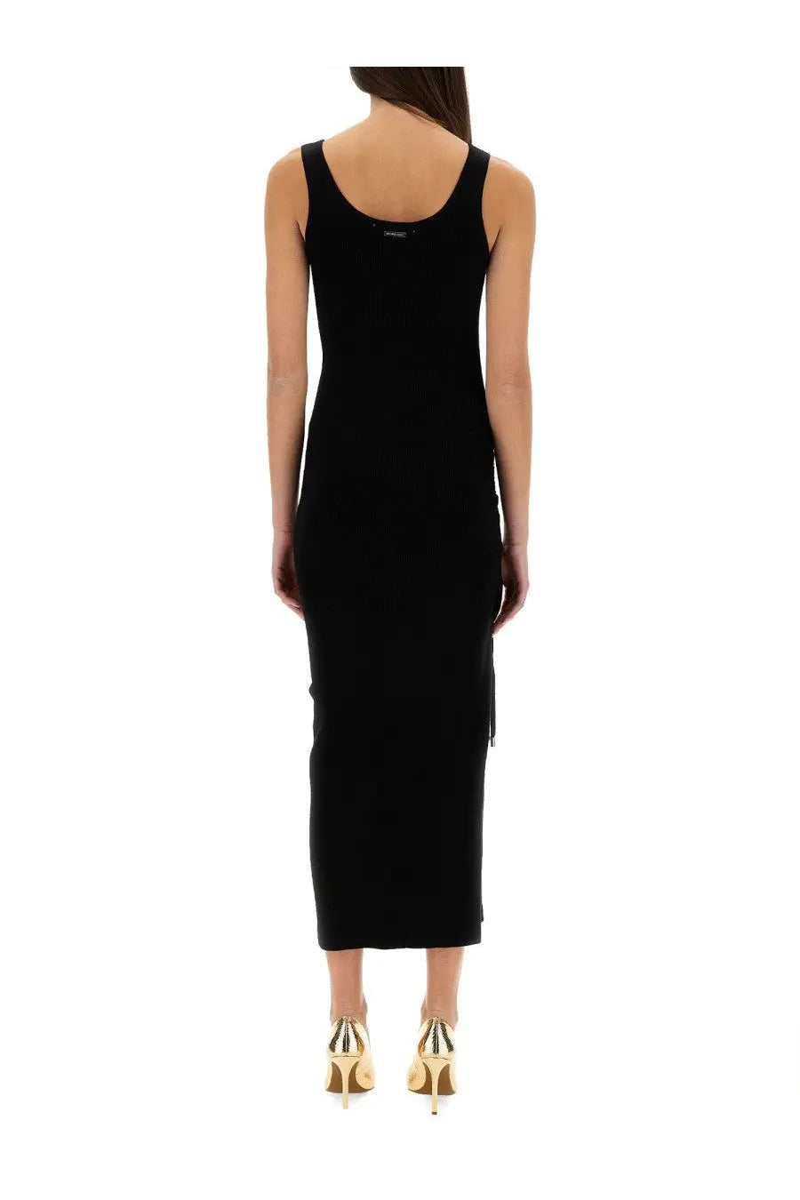 Black sleeveless midi camisole dress by michael kors with fitted silhouette stretch wool blend and side slits