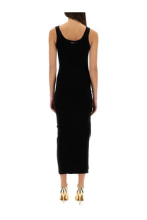 Black sleeveless midi camisole dress by michael kors with fitted silhouette stretch wool blend and side slits