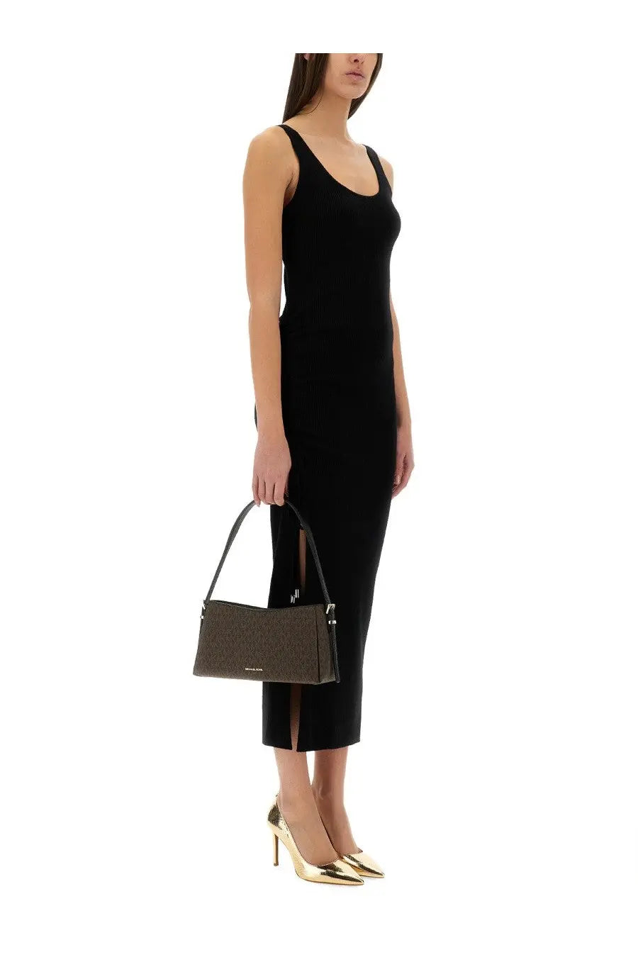 Dark olive green textured leather handbag with silver hardware and structured rectangular shape by michael kors
