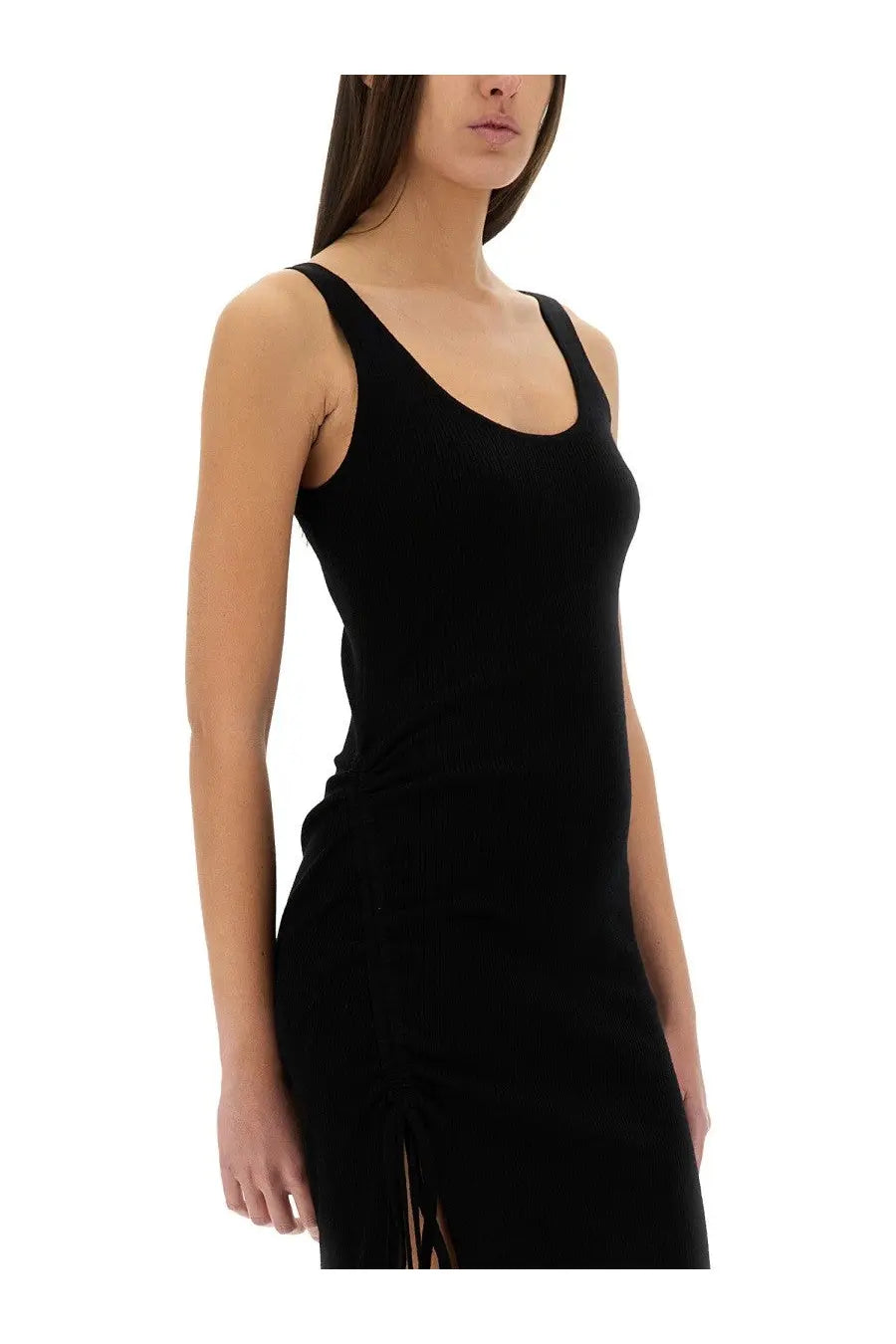 Black ribbed knit sleeveless Michael Kors wool blend dress with scoop neckline and side slit for women