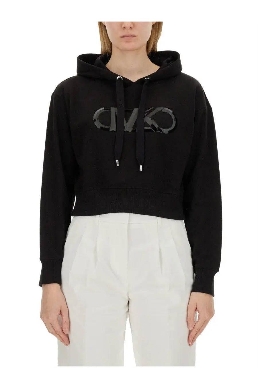 Michael Kors women’s black cropped hoodie with shiny reflective logo across the chest in soft sweatshirt material
