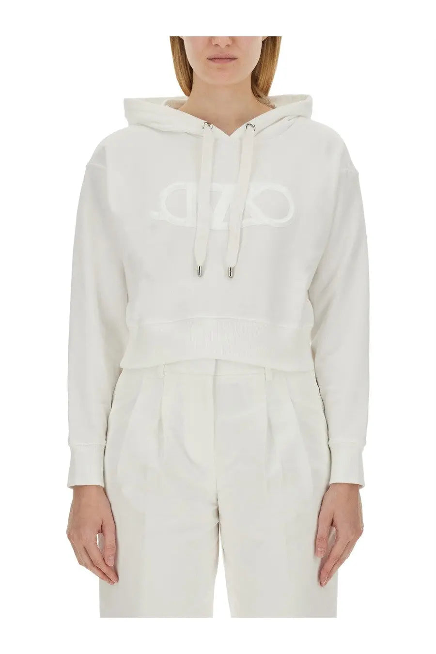 Michael Kors women’s white cropped hoodie with subtle embroidered logo and silver-toned drawstring toggles