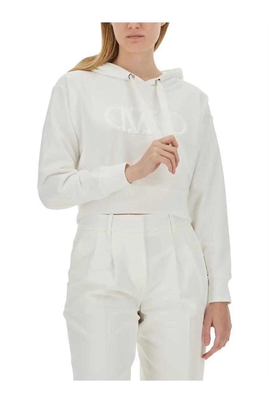 Michael Kors women’s white cropped hoodie with subtle light-colored logo on the chest in soft fabric