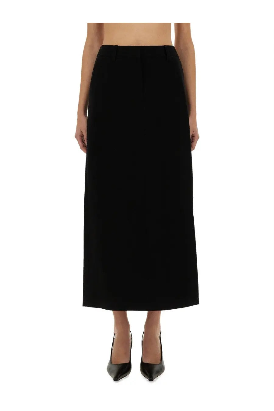Michael Kors women’s black high-waisted midi skirt in textured crepe fabric with smooth tailored lines