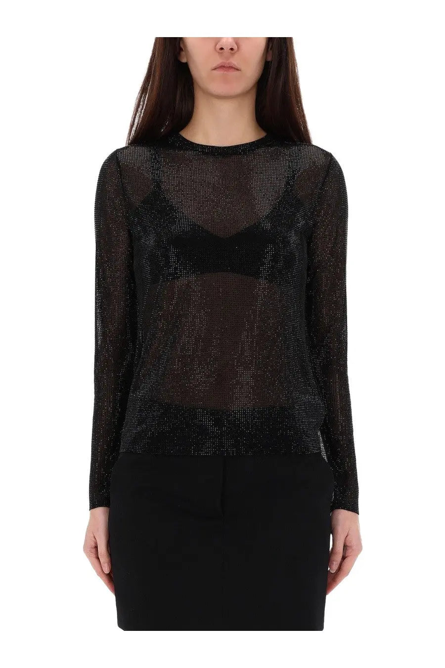 Michael Kors women’s black sheer long-sleeved top with subtle shimmering texture and lightweight fabric