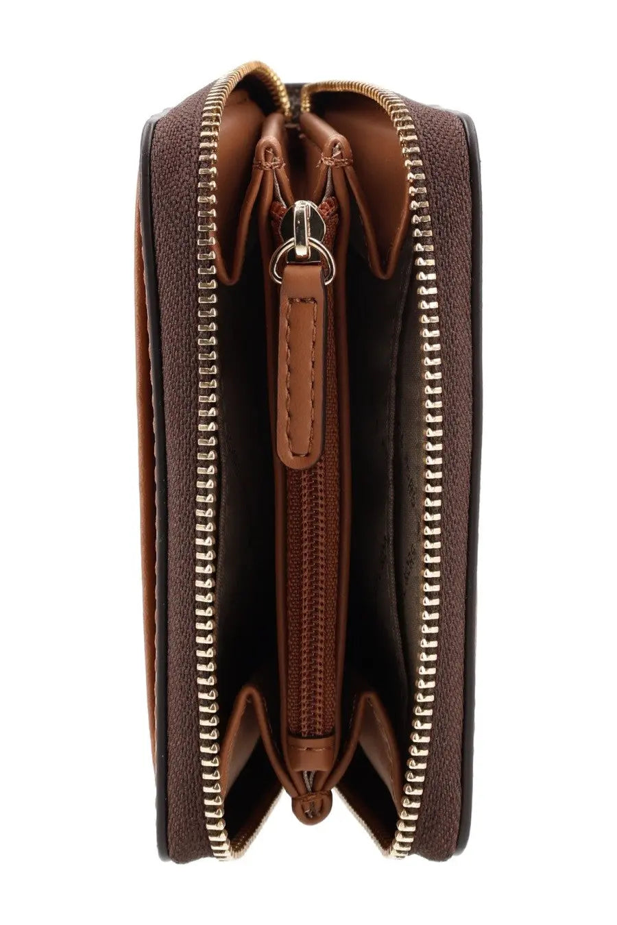 Michael Kors women’s brown leather wallet with gold-toned zippers and a central pull tab
