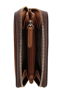 Michael Kors women’s brown leather wallet with gold-toned zippers and central pull tab for secure storage
