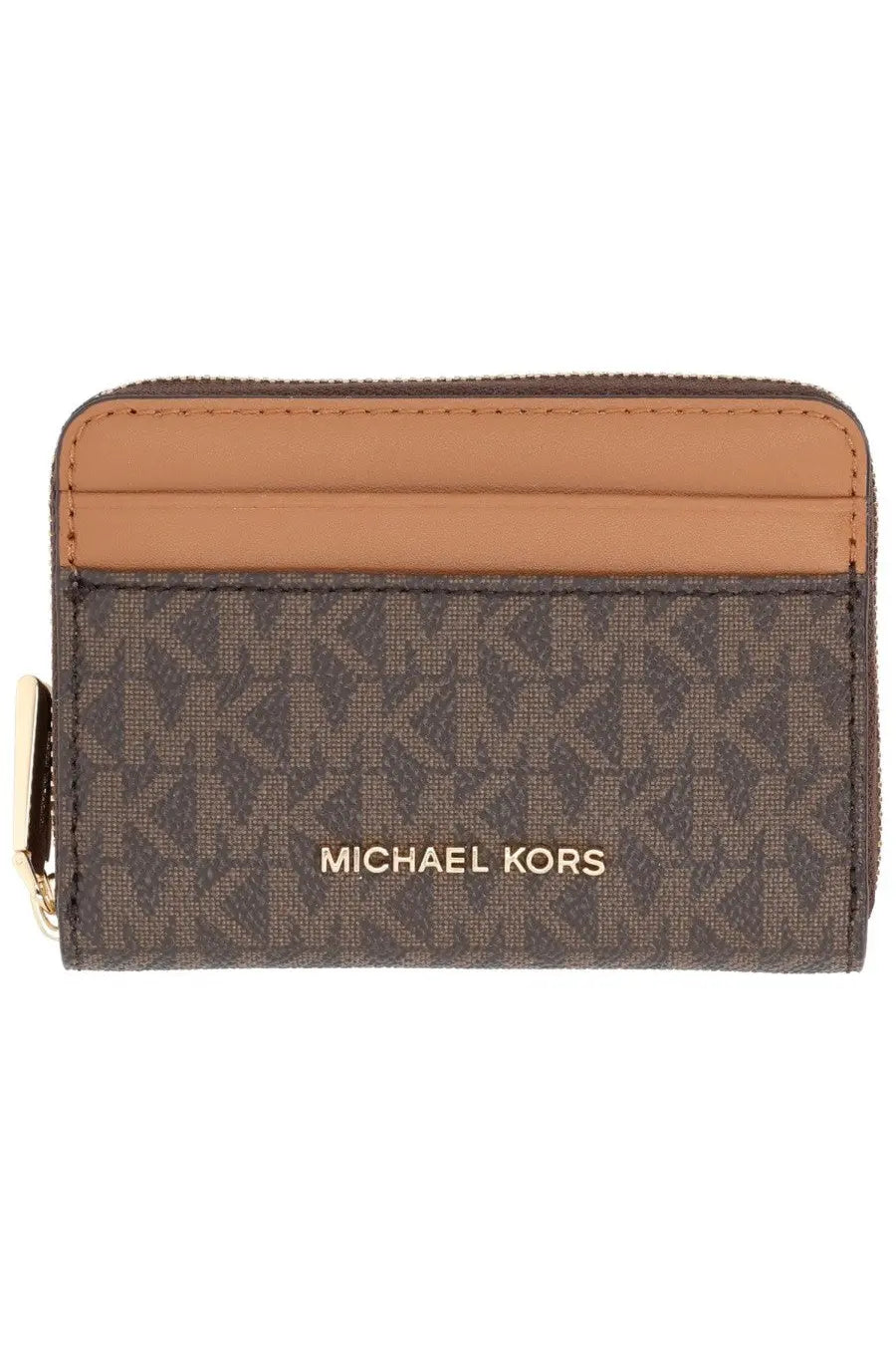 Michael Kors women’s wallet brown with brown and tan monogram pattern and gold-tone zipper pull