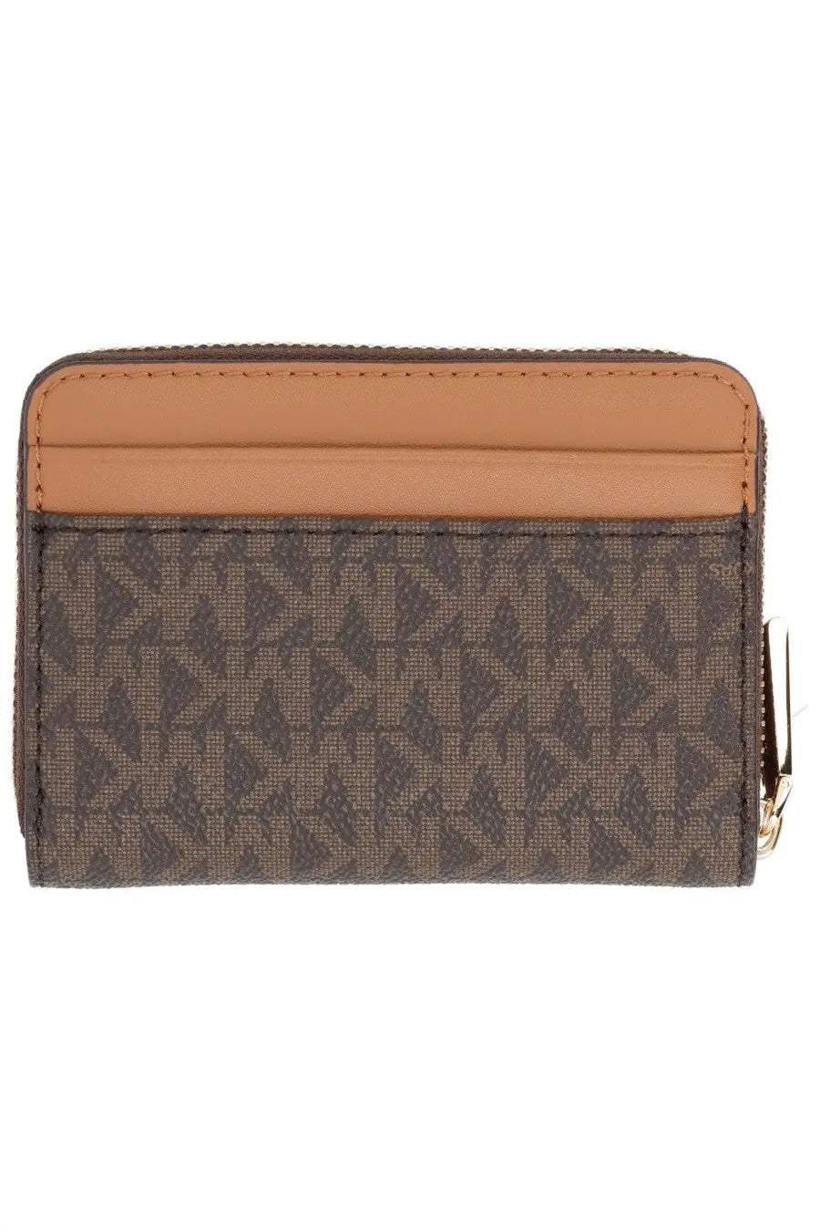 Michael Kors women’s brown wallet with tan monogram pattern and gold-tone zipper pull in leather material
