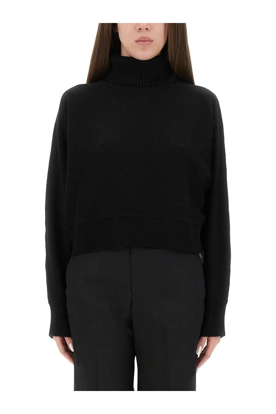 Black high neck cropped knit wool jersey sweater with ribbed cuffs and hem by michael kors womenswear