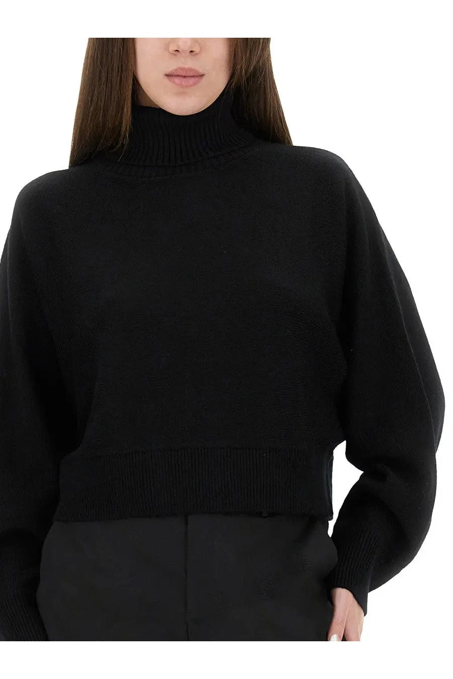 Michael kors women’s black wool jersey cropped sweater with high neck ribbed cuffs and hem