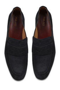 Mille885 men’s mocassino in black suede with classic penny loafer design and contrasting stitching