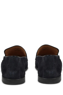Mille885 men’s mocassino navy blue suede loafers with black rubber soles and tan leather lining front view