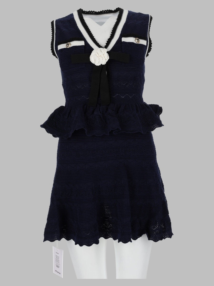 self-portrait Women's Mini Abito in Maglia Traforata Con Volant Blue