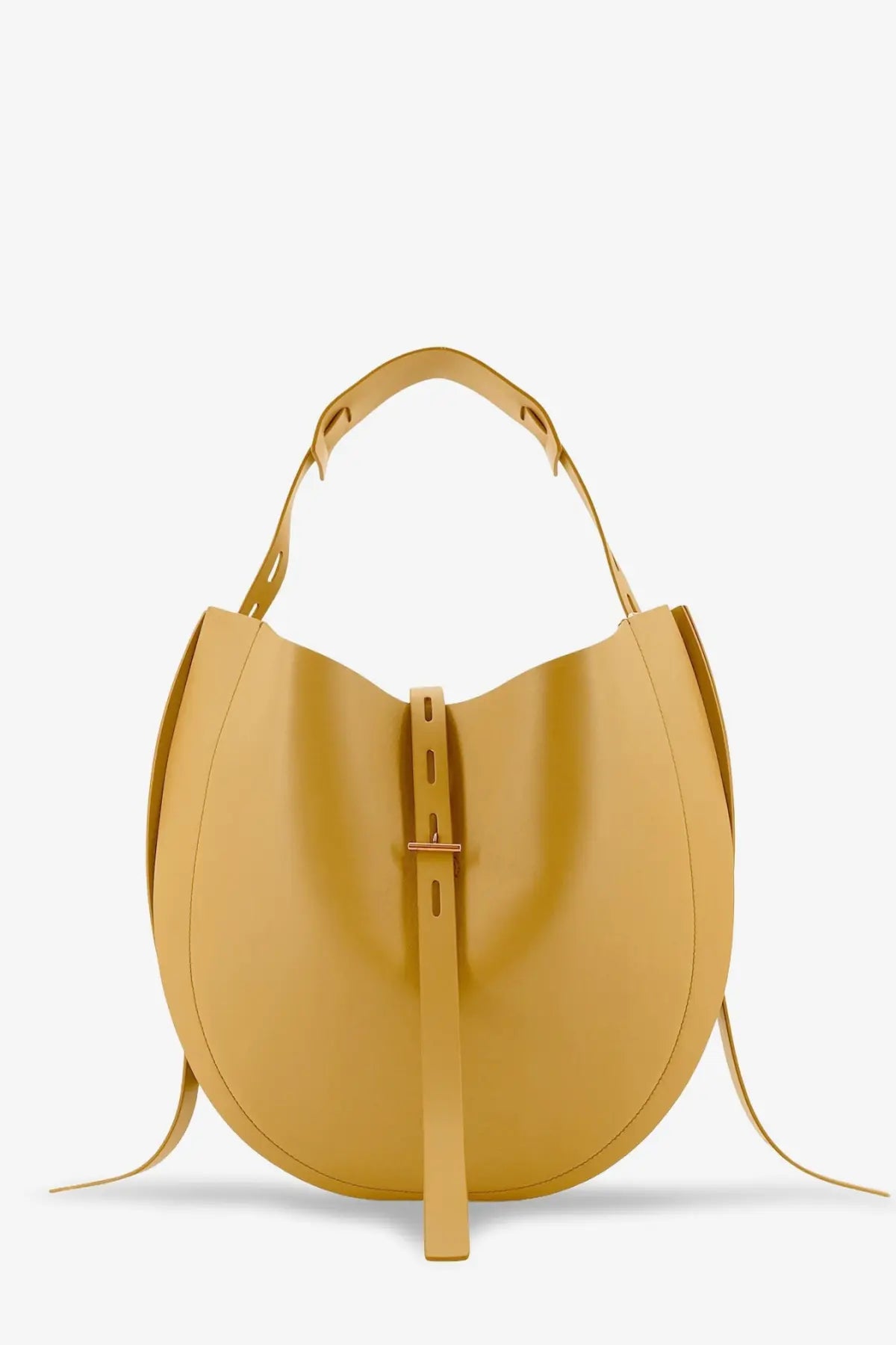 Minobossi women’s liz leather crossbody bag in mustard yellow with a sleek hobo shape and central buckle strap
