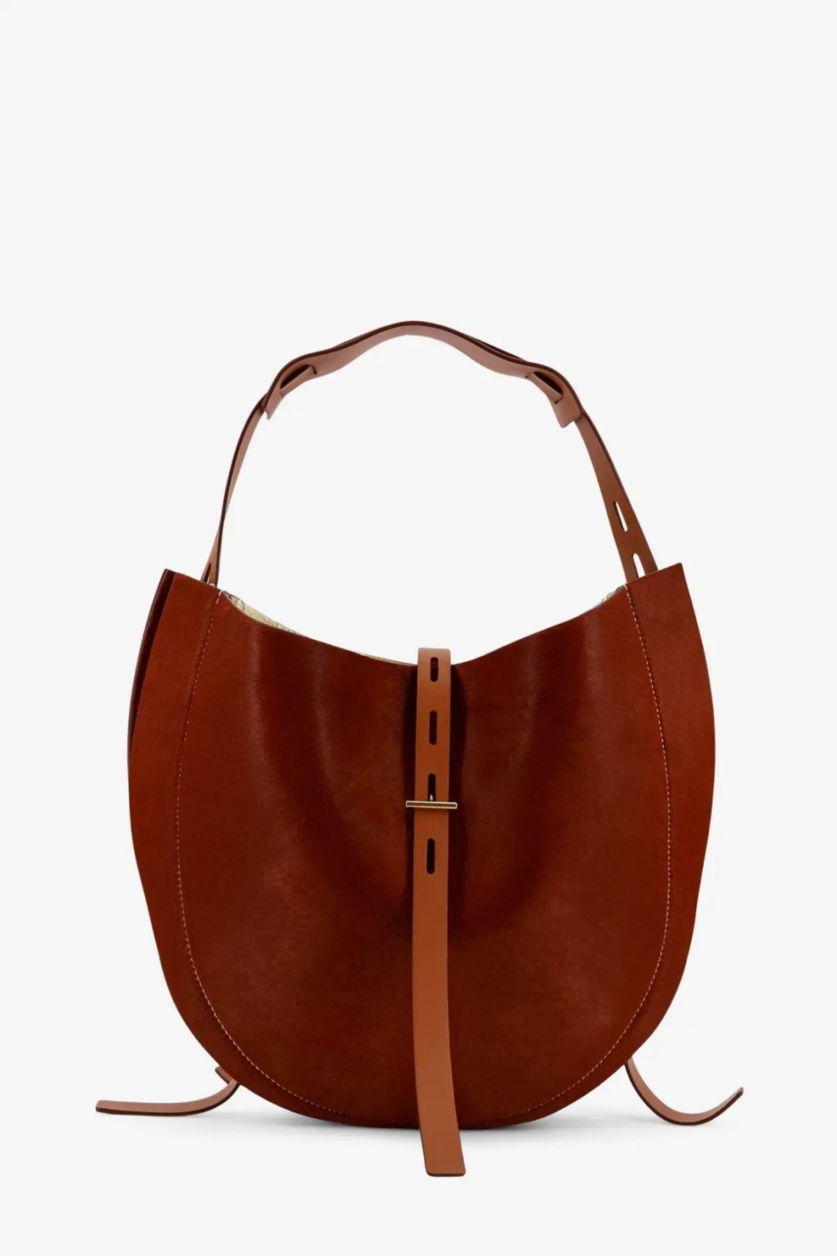 A sleek caramel-brown leather hobo bag with adjustable shoulder straps from Minobossi Liz Pony Skin collection