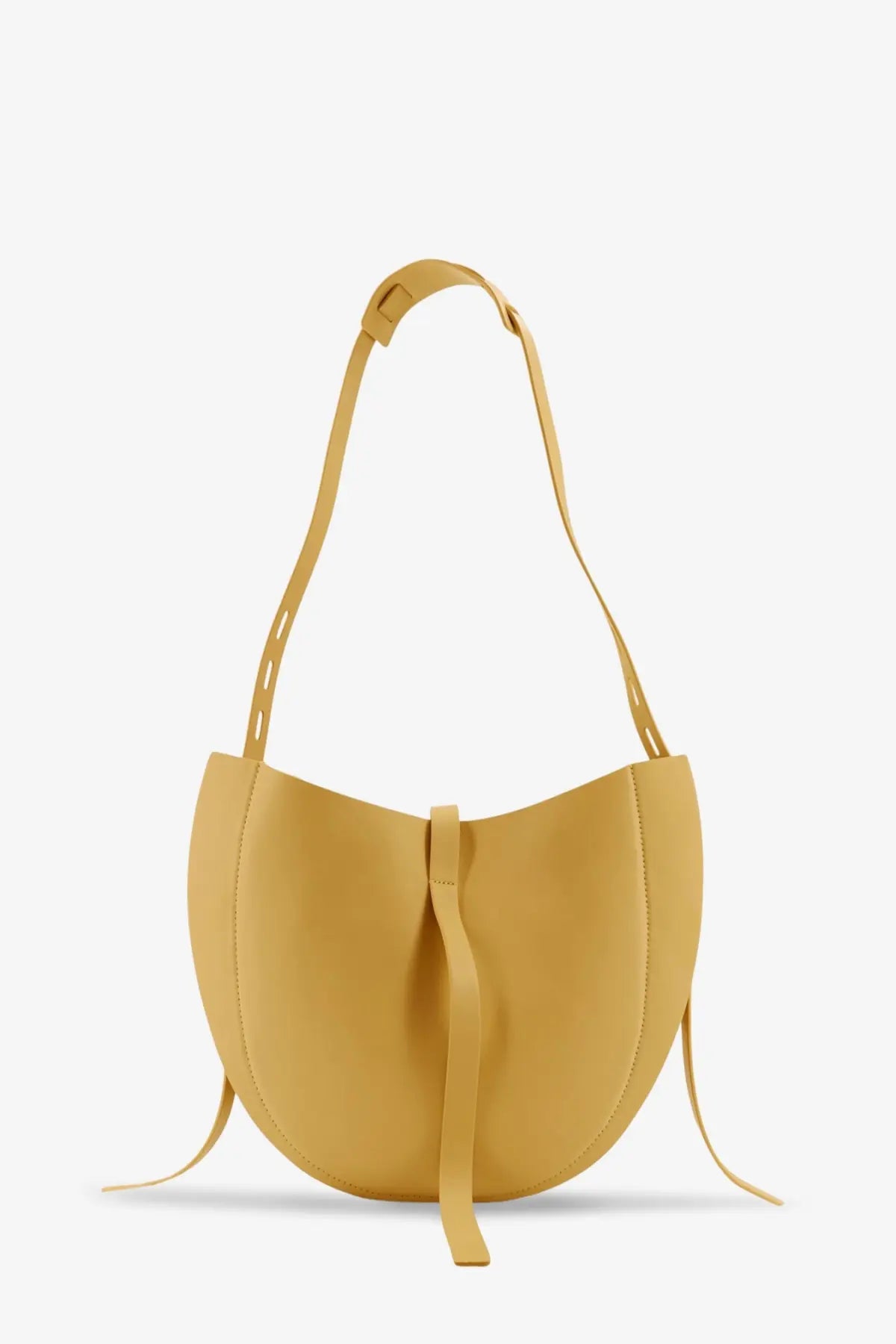 Minobossi women’s lizzie leather crossbody bag in sleek mustard yellow with curved minimalist design and adjustable strap