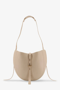 Minobossi women’s Lizzie beige leather crossbody bag with minimalist design and gold-tone buckle closure