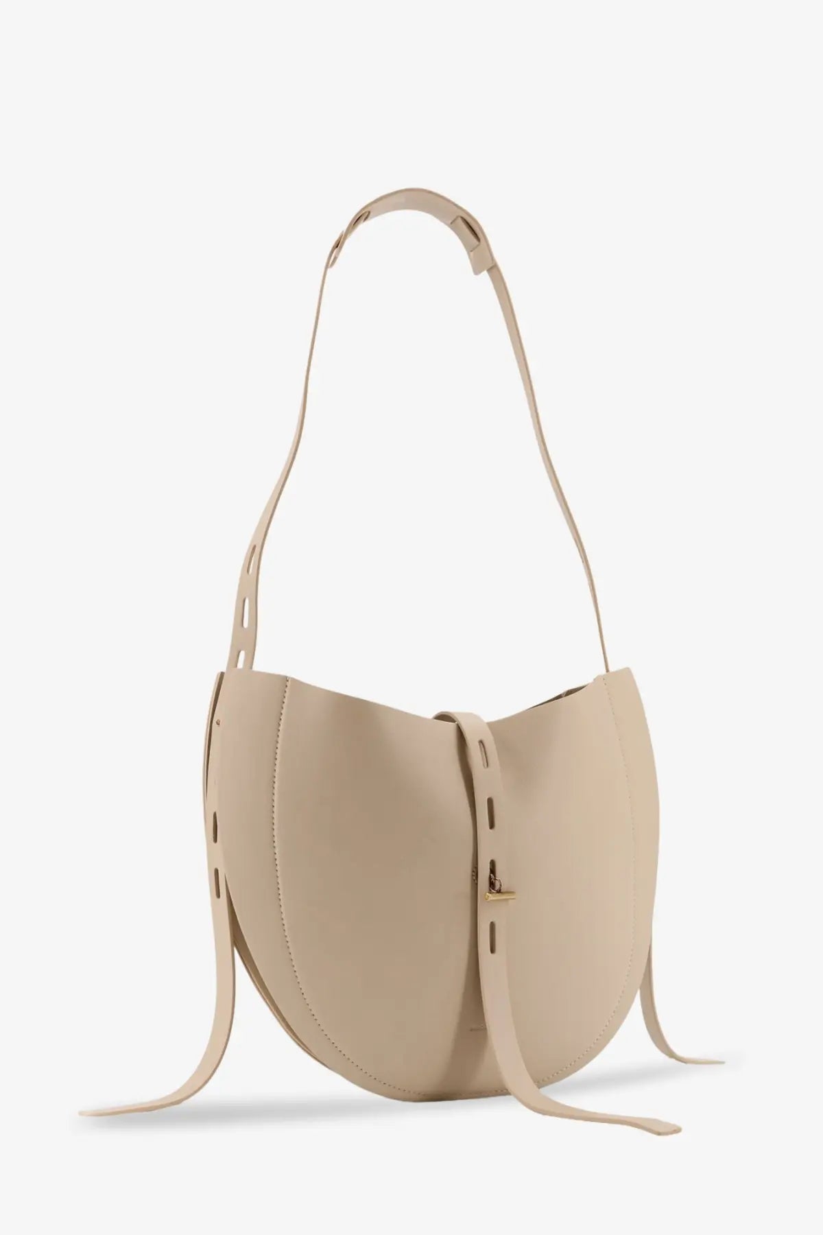 Beige leather Minobossi women’s Lizzie crossbody bag with minimalist design and gold-tone hardware in white