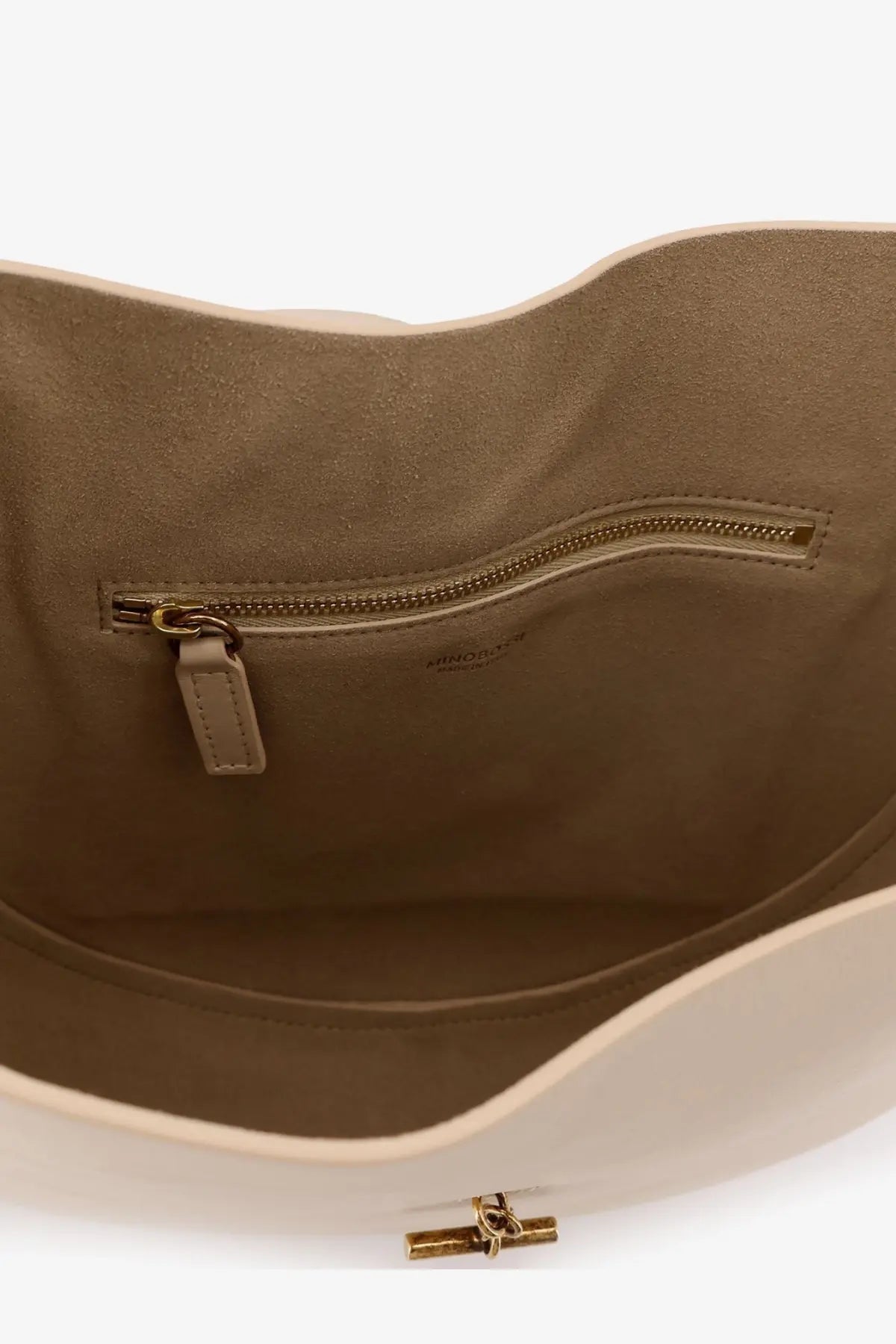 Beige suede interior of jw minobossi womens lizzie white leather crossbody bag showing soft lining details