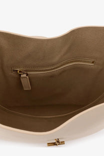 Beige suede interior of jw minobossi womens lizzie white leather crossbody bag showing soft lining details